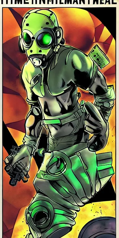 Prompt: time traveling intelligence agent in a sealed continuity suit, simple and functional with gaiter-style gas mask, resembling splinter cell + metal gear solid by Joe Madureira