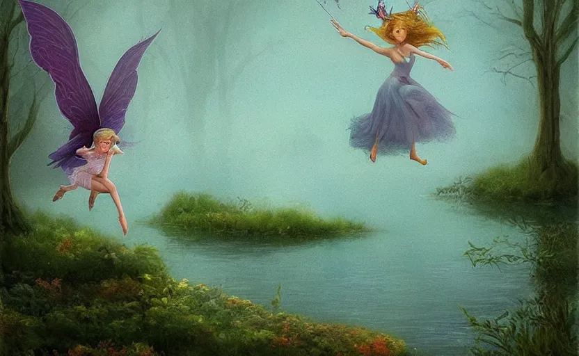 Image similar to a fairy riding a heron over a misty lake, ambient lighting, light bloom, in the style of Edward Robert Hughes!!!! and Over the Garden Wall