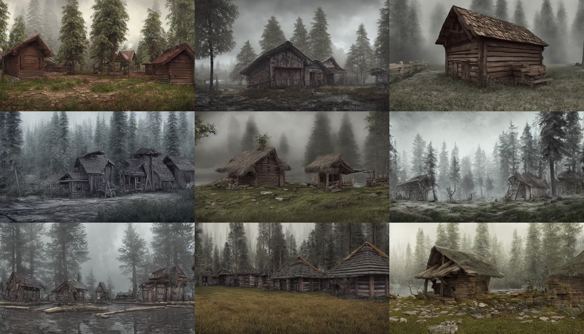 Prompt: slavic wooden village palisaded build in a forest near of a lake, grey sky, hyperdetailed, artstation, cgsociety, 8 k