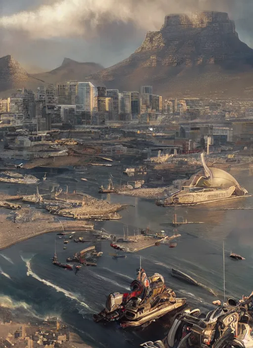 Image similar to hyper realistic robot attacking cape town city harbor beautiful details, strong composition, poster painted by greg rutkowski, james gurney and greg rutkowski weta studio, and lucasfilm and best of artstation