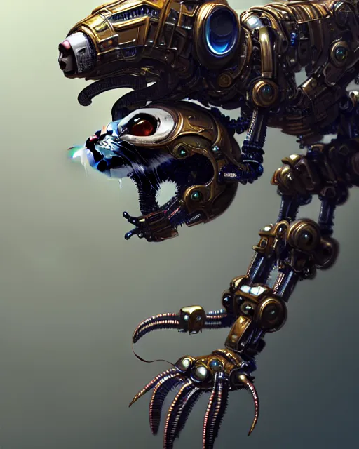 Prompt: intricate mechanical ferret metalic robot creature, digital robot fantasy creature illustration mech ferret, artstation trending robot ferret render, intricate, octane render, hyper realism, sharp focus, insanely detailed, digital painting, matte, cute mech robot ferret character, masterpiece