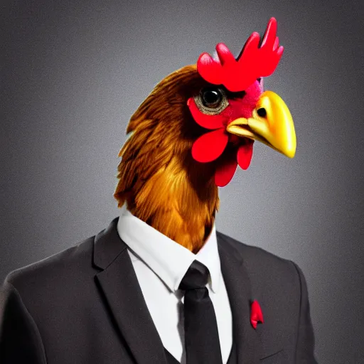 Image similar to a high quality photo of an antropomorphic chicken wearing a suit, 8k, digital art