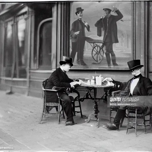 Image similar to paris at early 2 0 th century. two gentlemen with top hats are having a coffee around a table at river seine ´ s bank. the two gentlemen are watching a painter at the banks on river seine, where he is painting something on a canvas. the painter is ewan mcgregor