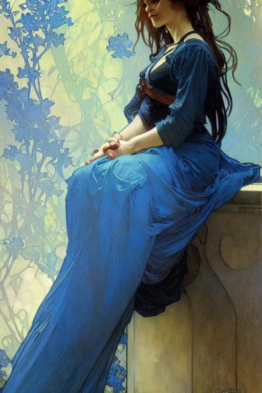 Image similar to A woman wearing blue clothes, fantasy, painting by greg rutkowski and alphonse mucha