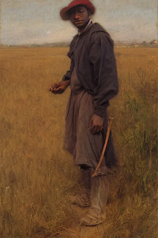 Image similar to Solomon Joseph Solomon and Richard Schmid and Jeremy Lipking victorian genre painting full length portrait painting of a young peasant working in the field, red background