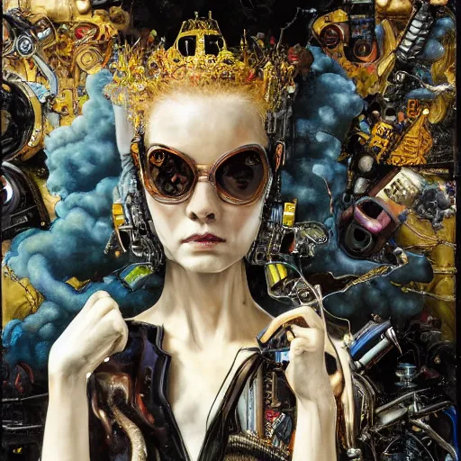 Prompt: 8 k uhd, detailed portrait, high dynamic range, by katsuhiro otomo : ( background = varnished oil paint on black background with pastel paint splashes in background ) + ( subject = queen baroque expressionist cyborg machine goddess + subject detail = very detailed ) painted on a car