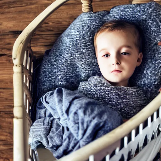 Prompt: sleepy child on pillow in cradle photographed