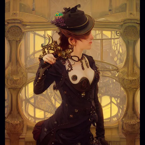 Prompt: photograpic portrait of a pretty woman, steampunk, fantasy, intricate, elegant, highly detailed, digital painting, artstation, concept art, smooth, sharp focus, illustration, art by artgerm and greg rutkowski and alphonse mucha