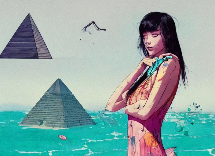 Image similar to lee jin - eun in luxurious dress emerging from turquoise water in egyptian pyramid city during an eclipse by conrad roset, m. k. kaluta, martine johanna, rule of thirds, elegant look, beautiful, chic, face anatomy, cute complexion