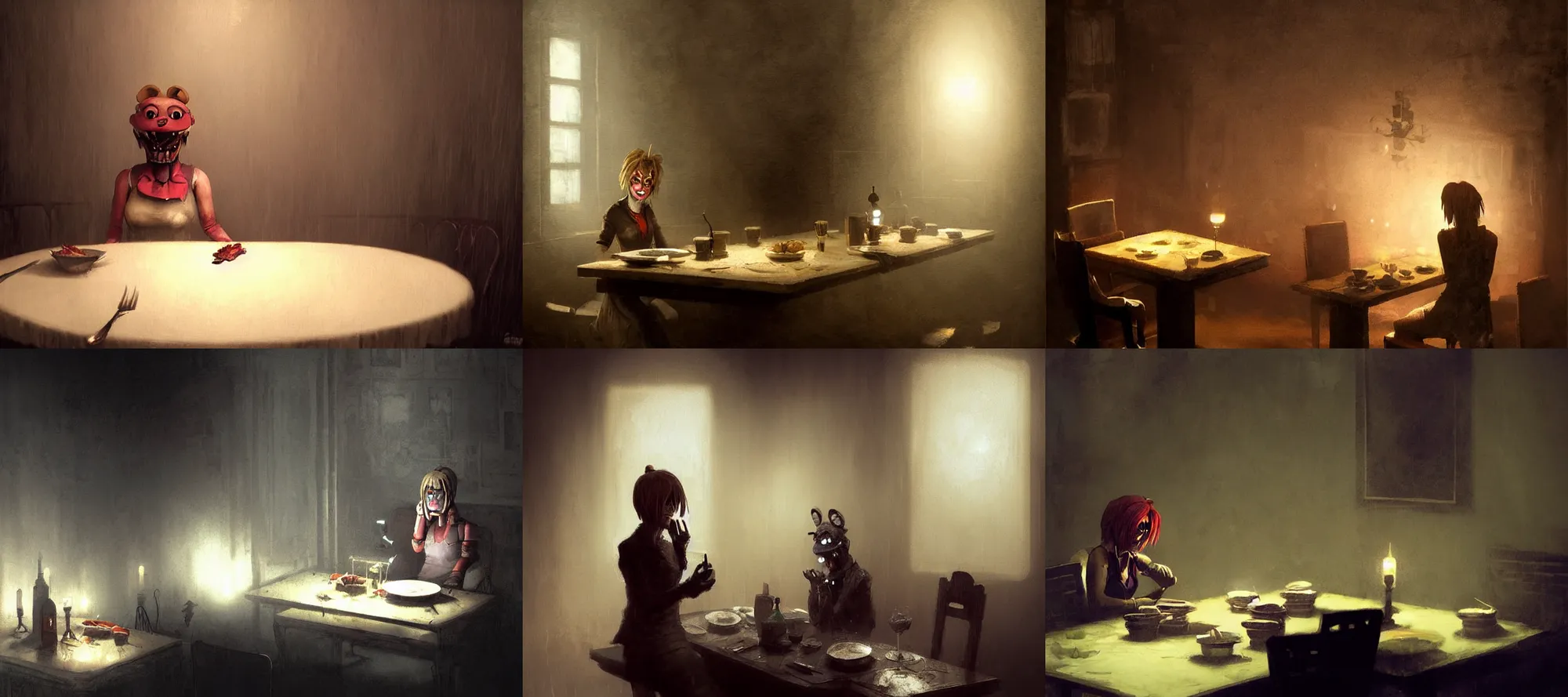 Prompt: roxanne wolf fnaf silent hill eating dinner at a table in the backrooms happiness is temporary by greg rutkowski