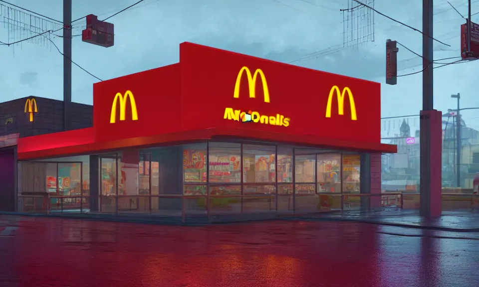 Image similar to exterior shot of a mcdonalds in a cyberpunk city, at night, neon lights, light bloom, octane render, rainy, reflections