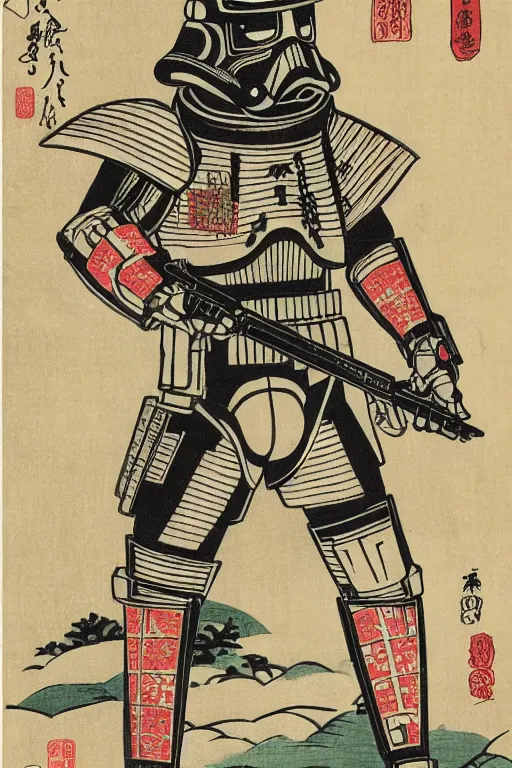 Image similar to Japanese woodblock print of a Stormtrooper , cherry blossom, Hokusai