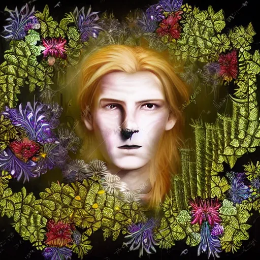 Image similar to a male knight, stern face, clear eyes, in a dark forest, shining armour made of steel and flowers, and fractal flowery hair in a fractal garden, glowing delicate flower, berries and ferns that grow in a dark fantasy forest, full frame,