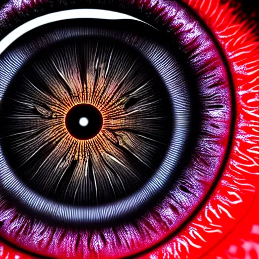 Image similar to a detailed extremely close up of inside the iris, cornea, red image, microscopic, extremely close up drawing by junji ito, cgsociety, generative art, lovecraftian, parallax, cosmic horror, extremely detailed, hyperrealism, unreal engine, octane render, award winning, masterpiece, highly detailed, realistic, 4 k, digital