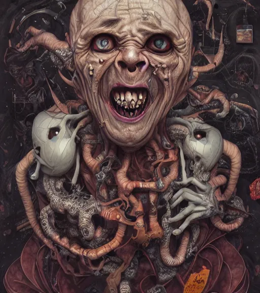 Prompt: portrait, nightmare anomalies, sinister laughter by dariusz zawadzki, kenneth blom, mental alchemy, james jean, pablo amaringo, naudline pierre, contemporary art, hyper detailed