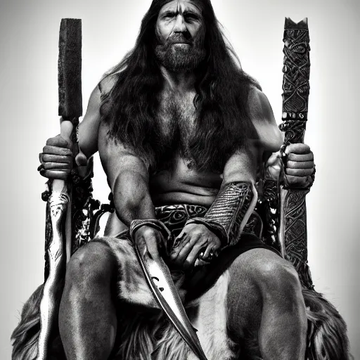 Image similar to A photo of king conan the barbarian sitting on his throne, award winning photography, sigma 85mm Lens F/1.4, blurred background, perfect faces