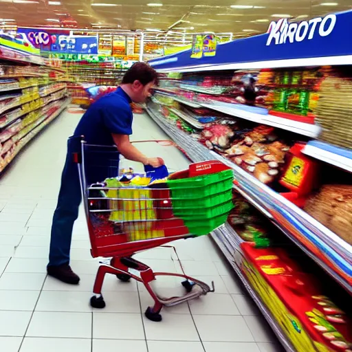 Prompt: Super Mario shopping in Tesco, photograph, photorealistic, picture, supermarket, store