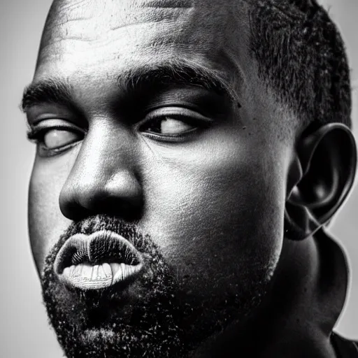 Image similar to the face of young kanye west wearing yeezy clothing at 2 0 years old, black and white portrait by julia cameron, chiaroscuro lighting, shallow depth of field, 8 0 mm, f 1. 8