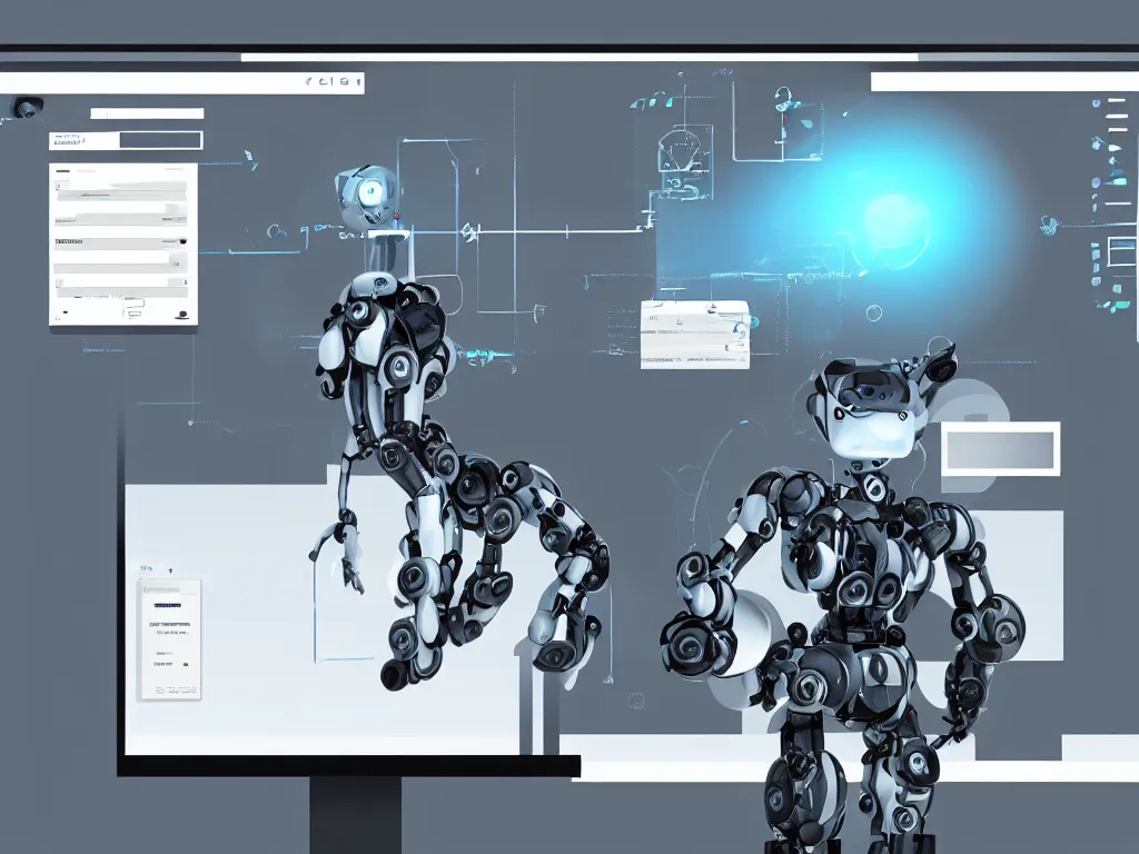 Image similar to robot using design software UI on a screen, photorealistic
