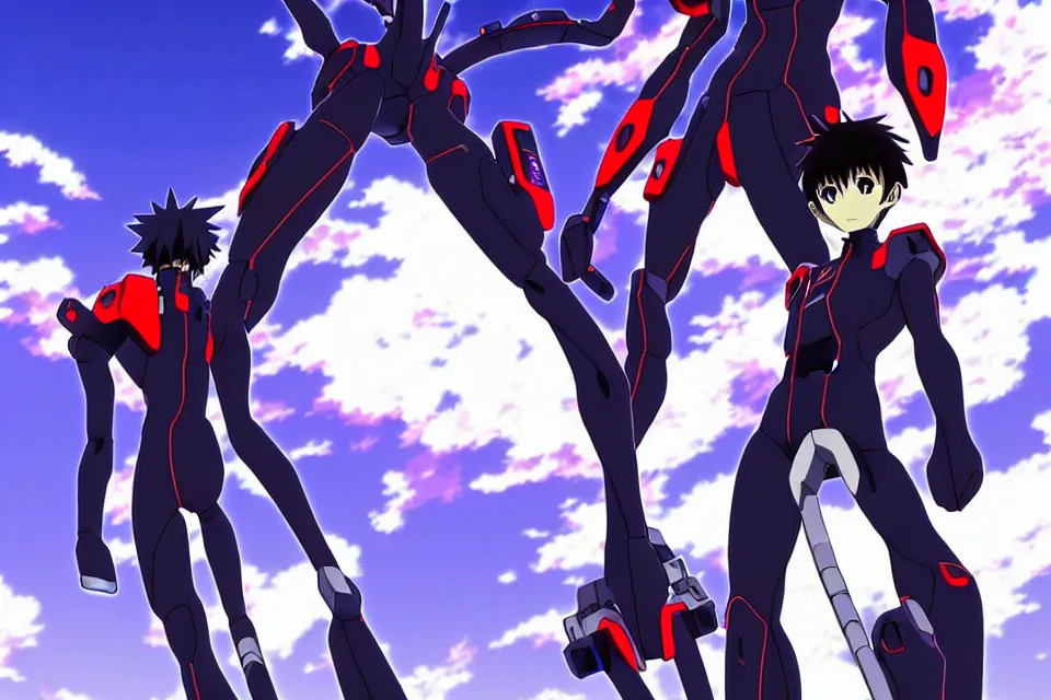 Prompt: anime illustration of black detailed lonely evangelion eva - 0 1 standing menacingly behind ikari shinji who is wearing a plugsuit, cinematic lighting, evangelion anime poster, rebuild of evangelion 1 0 8 0 p, 9 0 s anime aesthetic, volumetric lights, rule of thirds, unreal engine render, pinterest wallpaper, trending on artstation