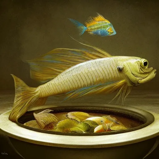 Prompt: a worried fish on the top of a pile of fish, all the fish are inside a cooking pot, side view, by vladimir kush, dystopian art, rococo