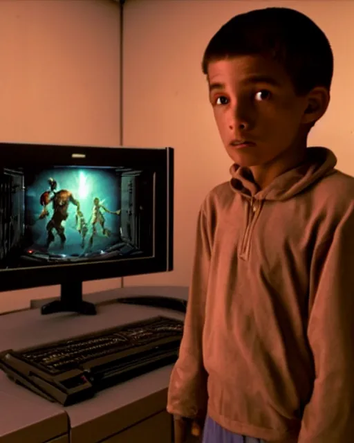 Prompt: 8k professional photo of an 8 years old enlightened and scared boy standing in front of an old computer from 90s with a game doom2 at the monitor screen, still from a 2021 movie by Alfonso Cuaron and James Cameron