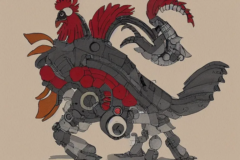 Prompt: heavily armoured mechanical rooster by studio ghibli