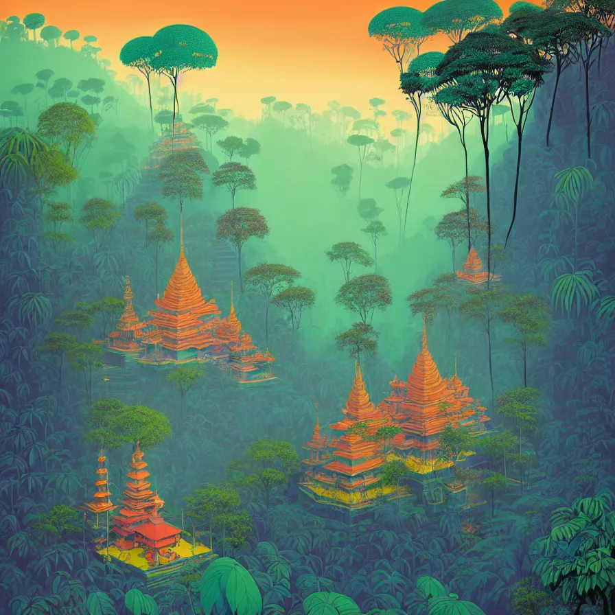 Prompt: ( ( ( gediminas pranckevicius ) ) ), wat bukit perak jungle temple, summer morning, very coherent and colorful high contrast art by james gilleard floralpunk screen printing woodblock, dark shadows, pastel color, hard lighting