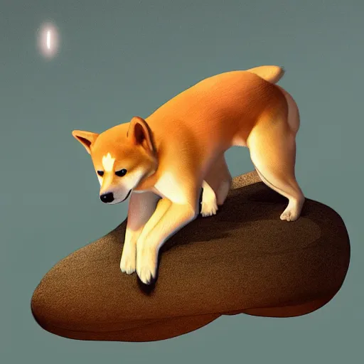 Prompt: A Shiba inu monk sits on a floating rock and travels through the universe , Artstation