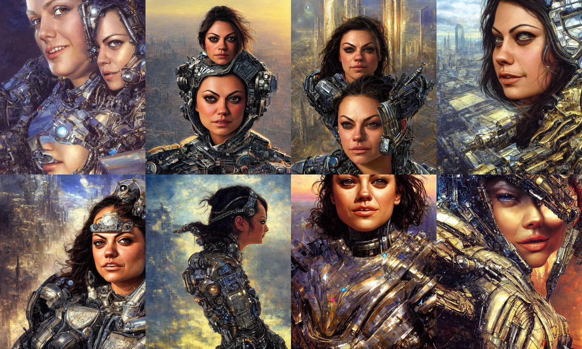 Image similar to close - up portrait of epic mila kunis smiling into camera, intricate cyborg armor, vista of futuristic city, windy, golden hour, wlop, by gerald brom, by mikhail vrubel, by peter elson, muted colors, extreme detail, trending on artstation