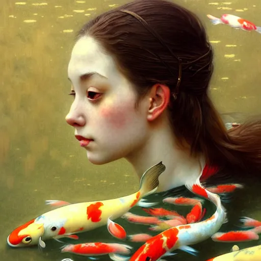 Prompt: Portrait of a girl surrounded by Koi fish, face, fantasy, intricate, elegant, highly detailed, digital painting, artstation, concept art, smooth, sharp focus, illustration, art by Heady Tale and Artem Demura and Norman Rockwell