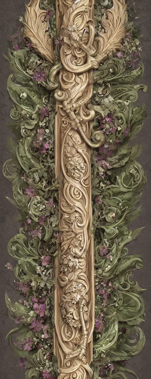 Prompt: beautiful fantasy giant sword carved with decorative ornament, acanthus scrolls, lilies, ivy, energy, geometry, bones, petals, stems, ceremonial clouds, dripping paint, fibonacci rhythm, artstation, artgerm, wlop, symmetric ornaments