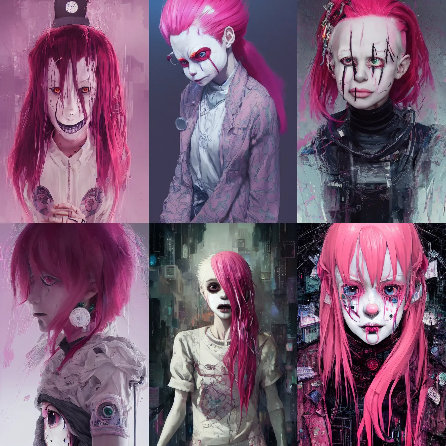 Image similar to by kyoto animation, very creepy clown girl pink hair, tears from the eyes, wearing cyberpunk intricate streetwear, beautiful, detailed portrait, intricate complexity, ilya kuvshinov, cell shaded, 4 k, concept art, by wlop, ilya kuvshinov, greg rutkowski, sharp focus, volumetric lighting, cinematic lighting