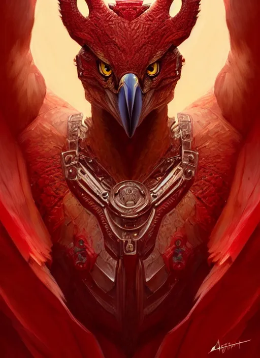 Prompt: portrait of aggressive eagle humanoid, d & d, muscular!, red, fantasy, intricate, elegant, highly detailed, digital painting, artstation, concept art, smooth, sharp focus, illustration, art by artgerm and greg rutkowski and alphonse mucha