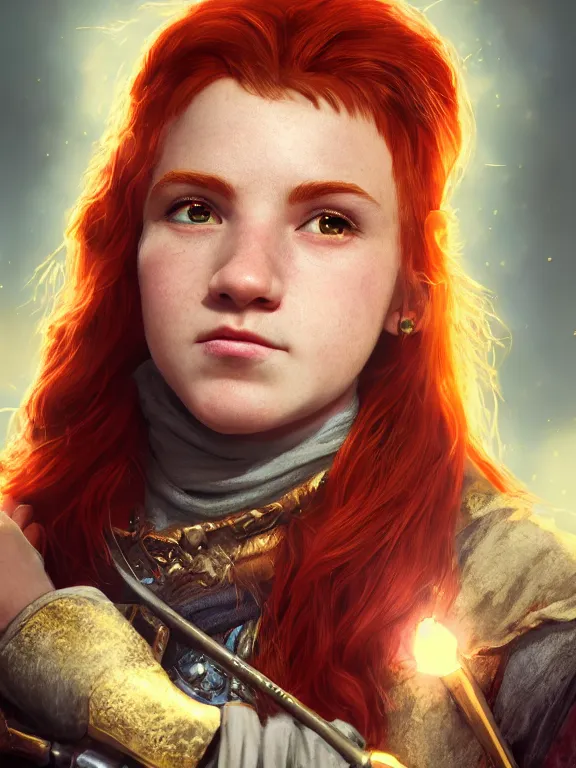 Image similar to portrait art of red - haired halfling bard 1 9 year old, 8 k ultra realistic, lens flare, atmosphere, glow, detailed, intricate, full of colour, cinematic lighting, trending on artstation, 4 k, hyperrealistic, focused, extreme details, unreal engine 5, cinematic, masterpiece