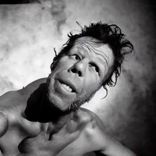 Prompt: tom waits crawling on the ceiling like he is possessed by a demon