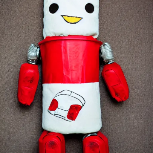 Prompt: a plush robot toy holding a bloody knife. Product photo.