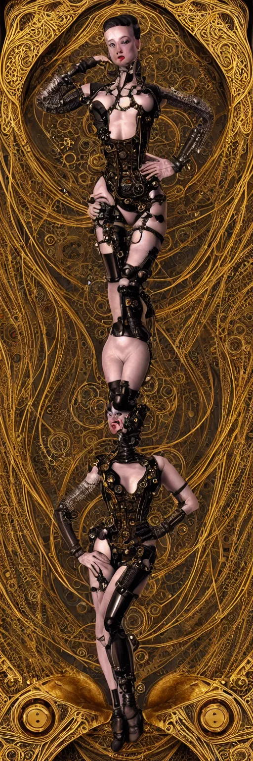 Image similar to seamless pattern of steampunk cybernetic biomechanical burlesque dancer, 3 d model, very coherent symmetrical artwork, unreal engine realistic render, 8 k, micro detail, gold and steel intricate, elegant, highly detailed, digital painting, artstation, smooth, sharp focus, illustration, artgerm, tomasz alen kopera, wlop