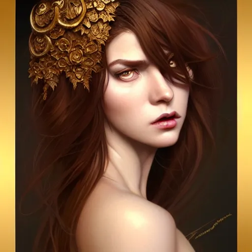 Image similar to brown haired demoness, full body portrait, gentle, female, city landscape, norway, d & d, fantasy, intricate, elegant, highly detailed, digital painting, brown and gold color palette, artstation, octane render, concept art, matte, sharp focus, illustration, herrarthstone, art by artgerm and greg rutkowski and alphonse mucha