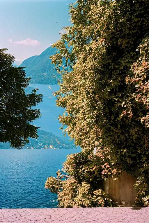 Image similar to Photo of Lake Como, wide shot, daylight, blue sky, summer, dramatic lighting, award winning, highly detailed, medium format photography, cinestill 800t.