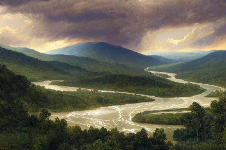 Image similar to two rivers converge to form one larger river, appalachian mixed mesophytic forest, roiling thunderstorm sky background, by Cortes Thurman the greatest Barbizon artist ever known and by Joe Jusko, rendered in hyperdetailed Ultra HD, trending on ArtStation, luminous