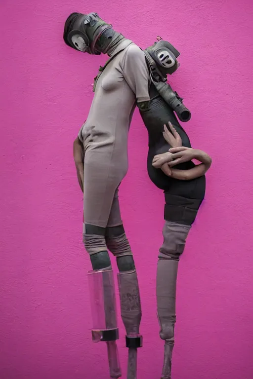 Image similar to a surreal portrait of intertwined and contorted figures wearing gas mask next to a pink wall in the style of brooke didonato, editorial fashion photography from vogue magazine, full shot, nikon d 8 1 0, ƒ / 2. 5, focal length : 8 5. 0 mm, exposure time : 1 / 8 0 0, iso : 2 0 0