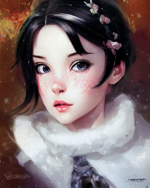 Image similar to portrait Anime snow white, girl cute-fine-face, pretty face, realistic shaded Perfect face, fine details. Anime. realistic shaded lighting by Ilya Kuvshinov Giuseppe Dangelico Pino and Michael Garmash and Rob Rey, IAMAG premiere, aaaa achievement collection, elegant freckles, fabulous