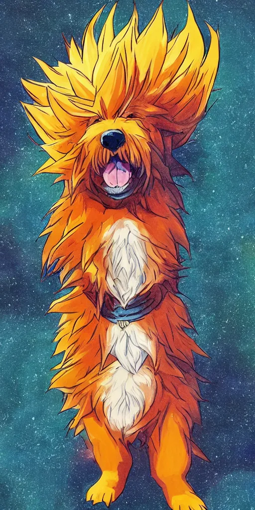 Prompt: a bernedoodle going super saiyan, studio ghibli lighting, very cute, art of the year, best art award, 8 k