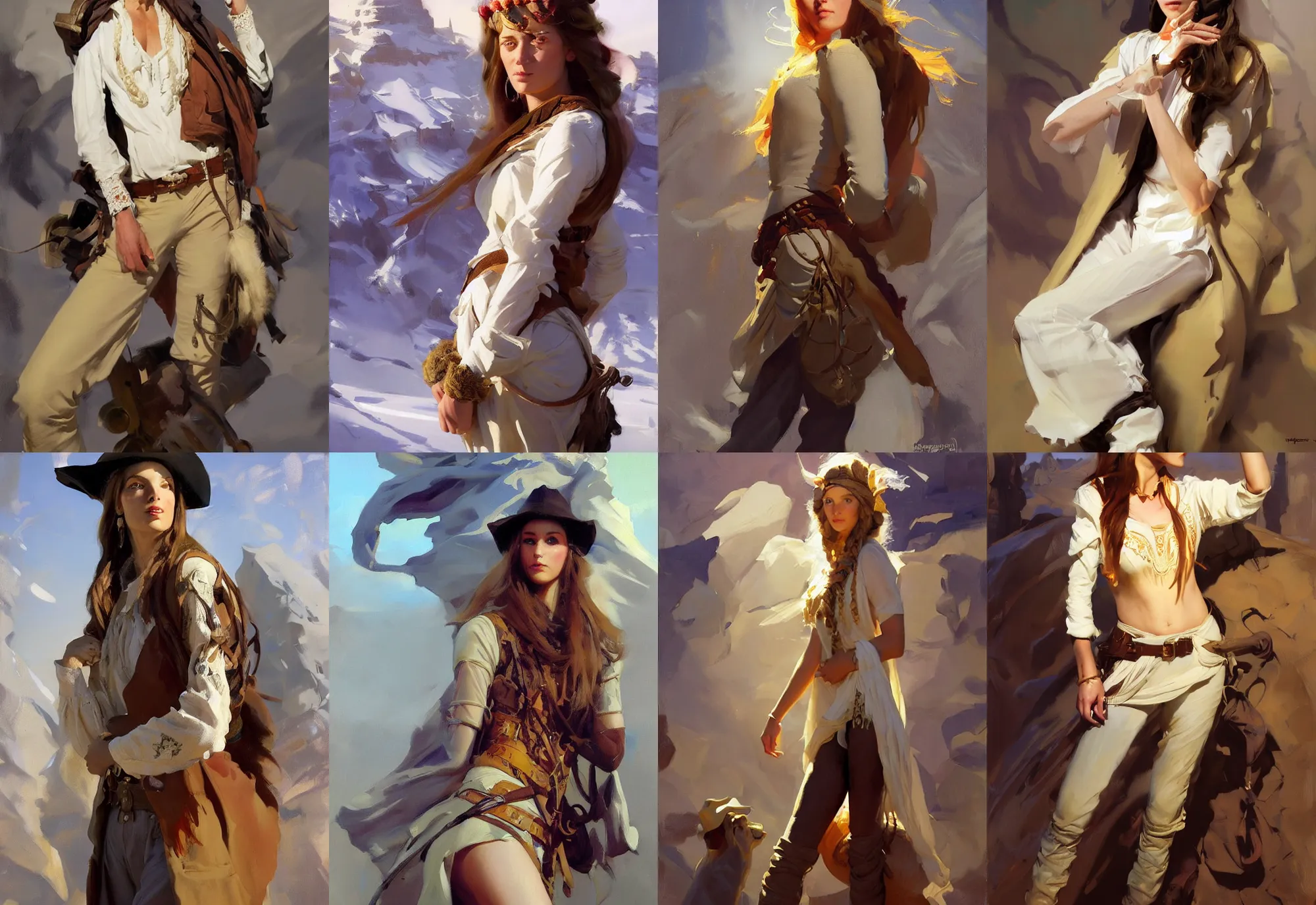 Prompt: portrait of hippie model girl jodhpurs hyperborea winter traveler treasure hunter greg manchess painting by sargent and leyendecker, fantasy, medium shot, asymmetrical, intricate, elegant, matte painting, illustration, hearthstone, by rhads, by greg rutkowski, by greg tocchini, by james gilleard, by joe fenton