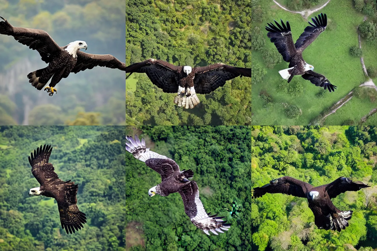 An aerial photo from above a flying Harpy Eagle