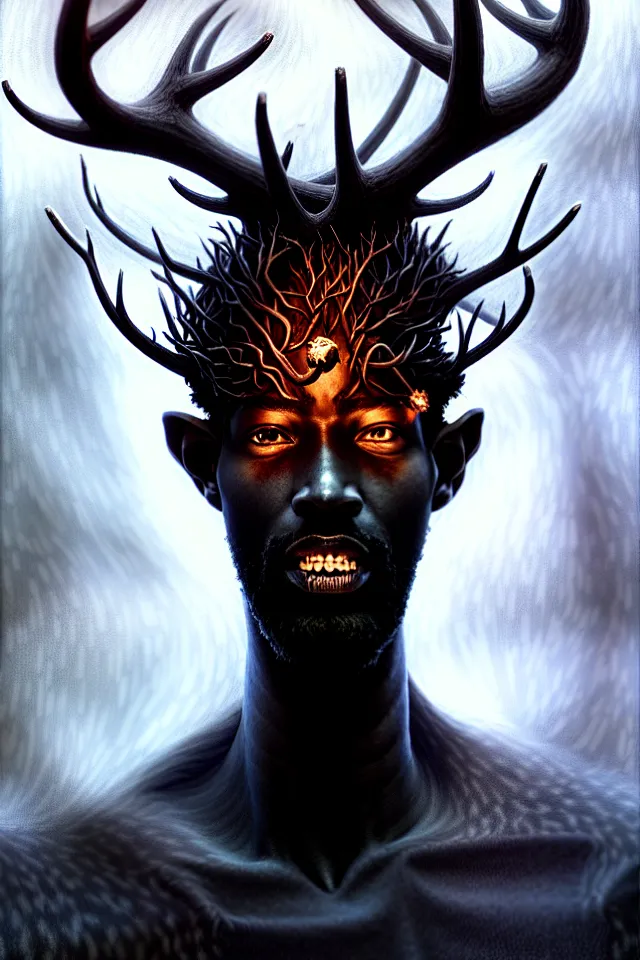Prompt: a striking portrait of an eldritch black god king with black antlers and a burning horned crown on his head by moebius and ross tran and beksinski, trending on artstation, digital art, 4 k resolution, detailed, high quality, sharp focus, hq artwork, insane detail, volumetric lighting, character concept art, fine details, clear face