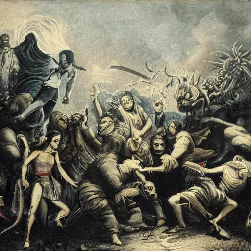 Image similar to a crowd of people banish a demon, horror art