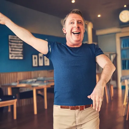 Image similar to a english irish middle aged man with brown moptop hair and red cheeks is clean shaven. he is wearing a dark blue tshirt and shorts. he dances with his arms excitedly like a chicken in his kitchen