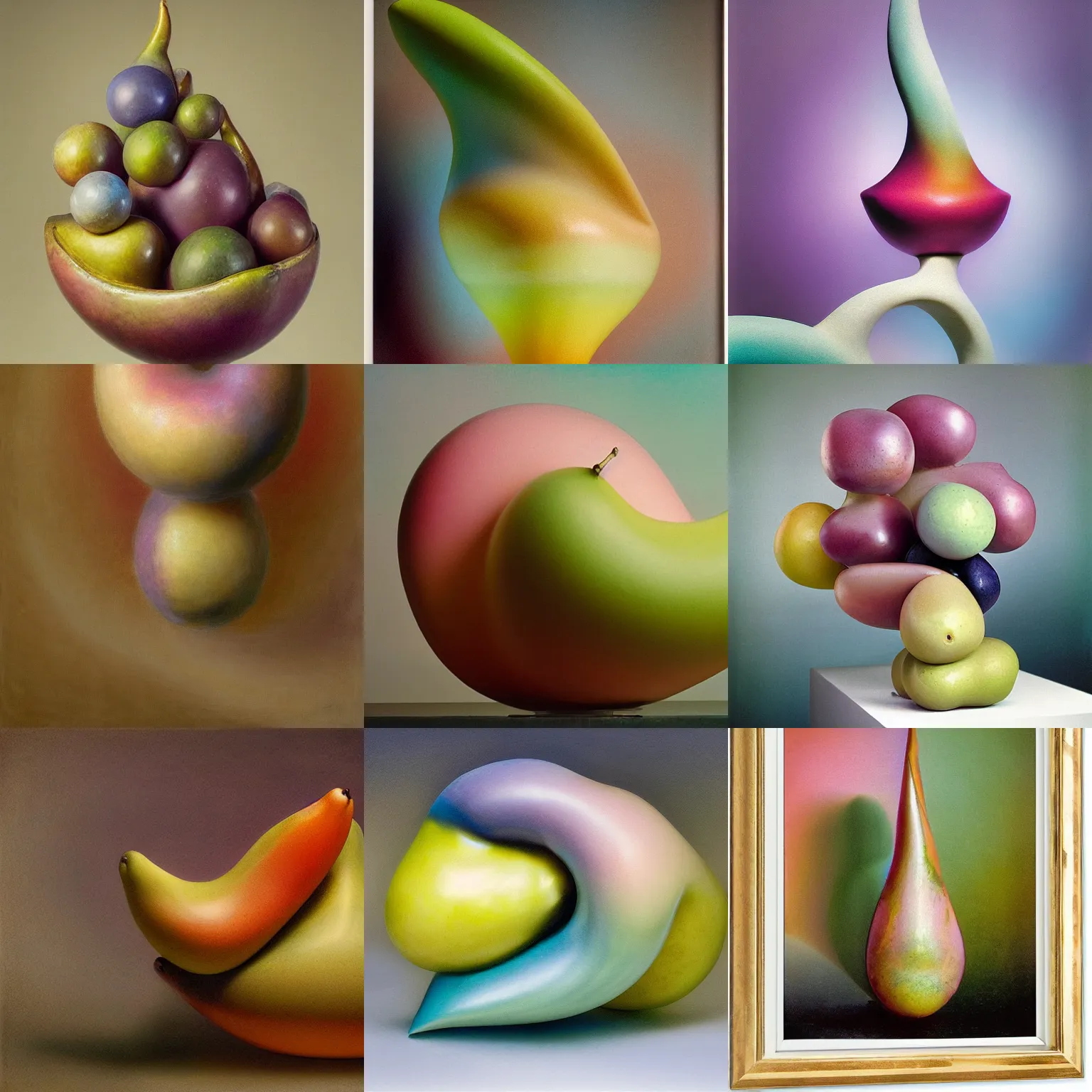 Prompt: singular balanced asymmetrical biomorphic form with ombre pastel colors, by thomas moran, professional fruit photography